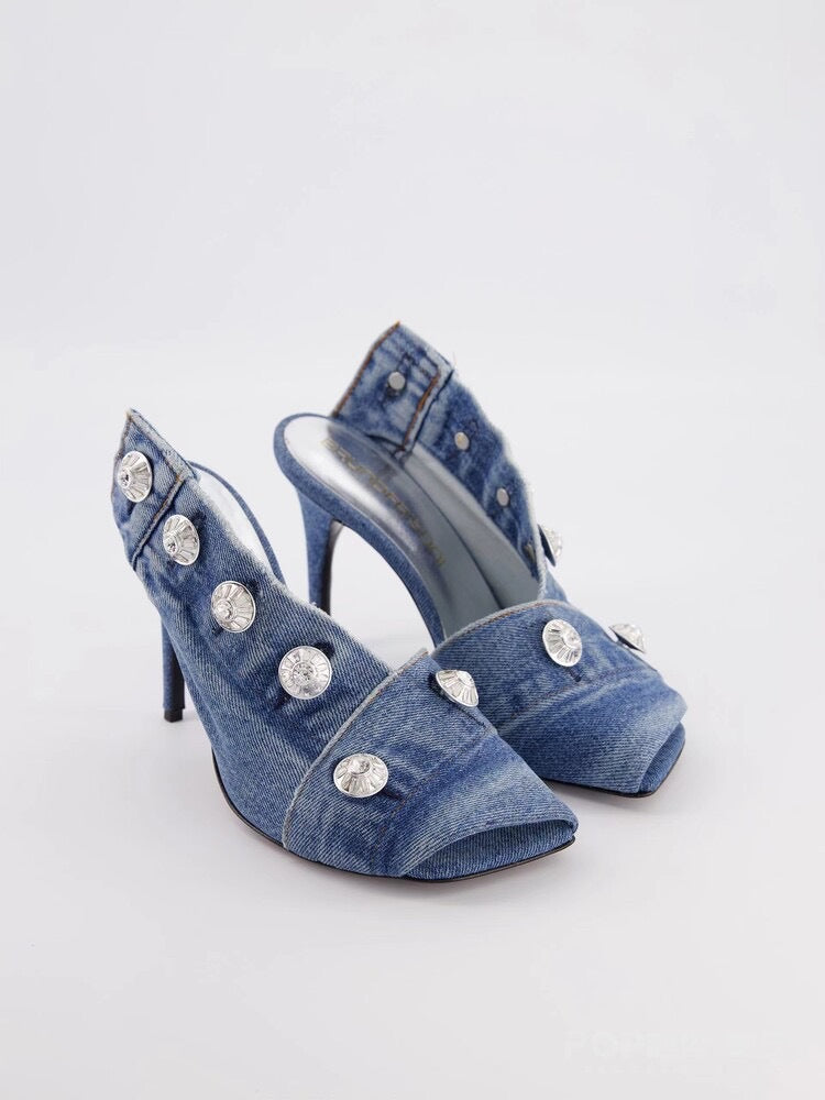 Women's Stiletto Heel Square Toe Denim Metal Rivets