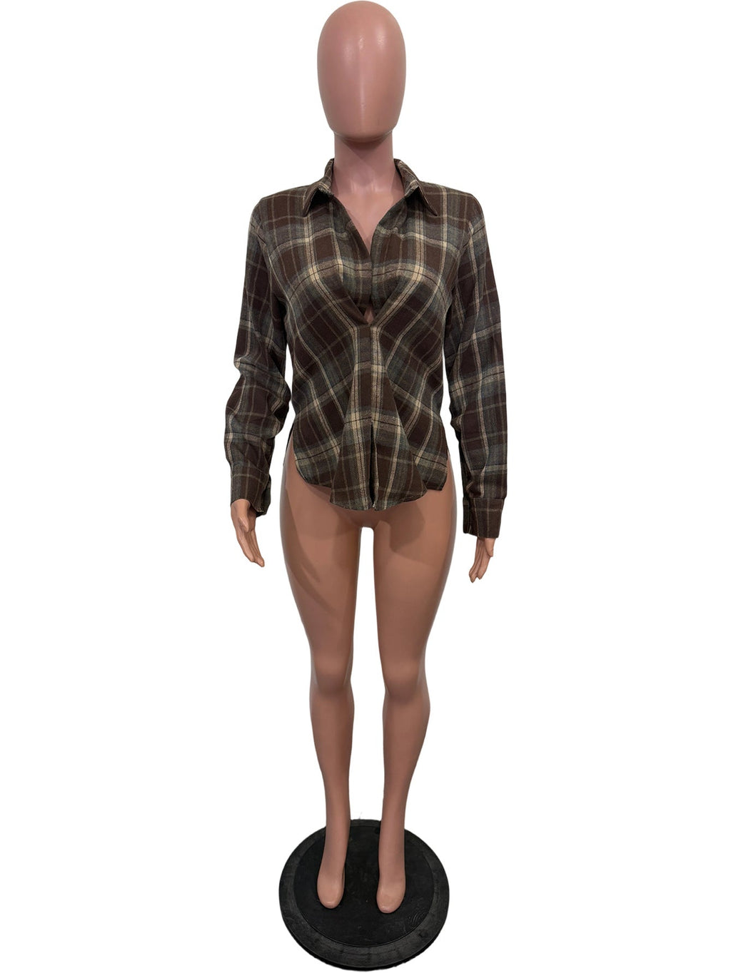 Plaid Long Sleeved Collared Blouse