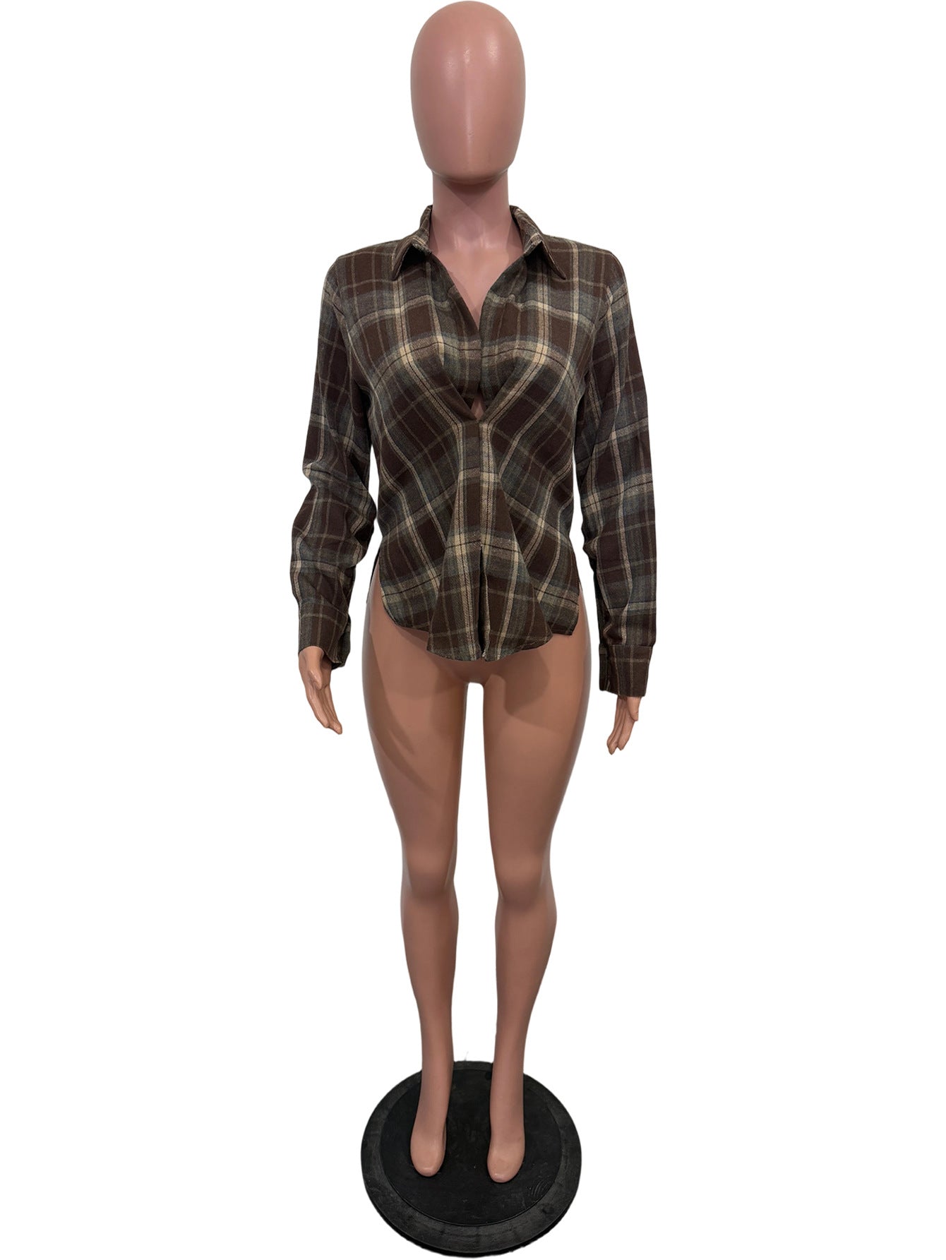 Plaid Long Sleeved Collared Blouse