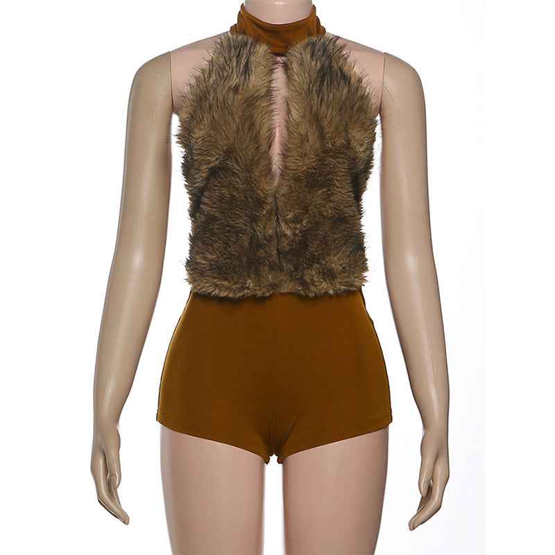 Sexy Fur Stitching Halter Cut out Backless Romper