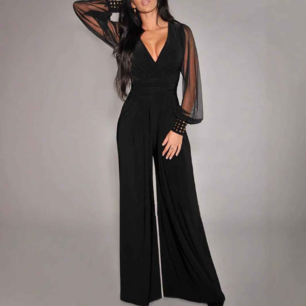 V neck Mesh Stitching Rivet Long Sleeve Loose Jumpsuit