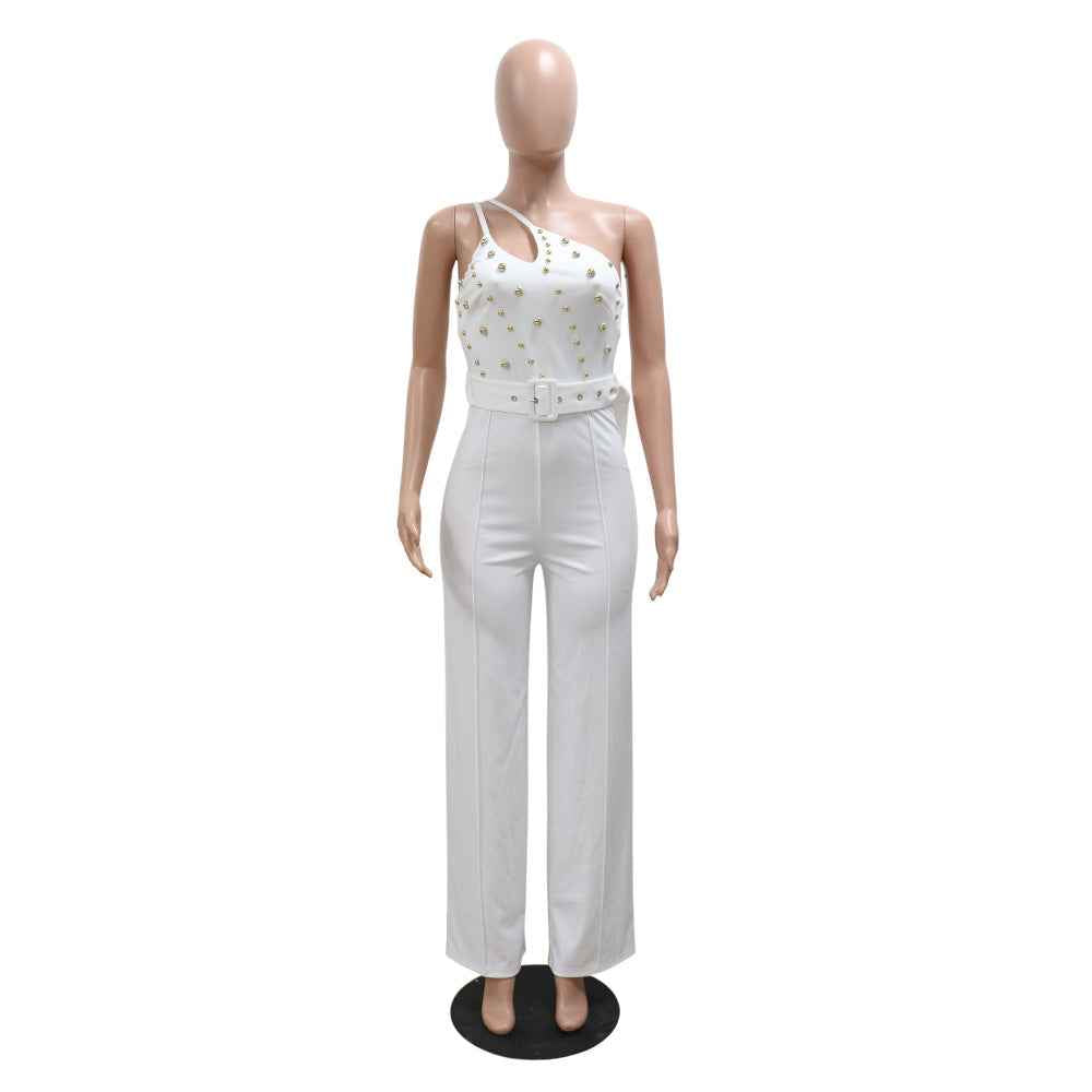 Elegant Solid Color Jumpsuit Slim Fit One Shoulder