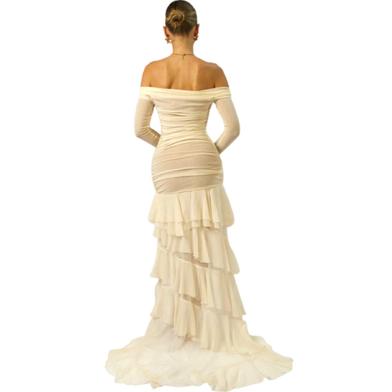 Slim Irregular Asymmetric Pleated Waist Tight Long Sleeve off Shoulder Elegant Dress for Women