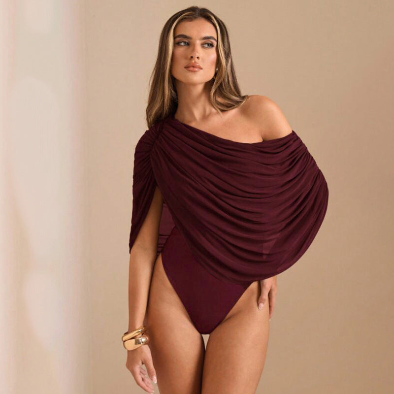 Pleated Sloping Shoulder Women's Elegant Bodysuit