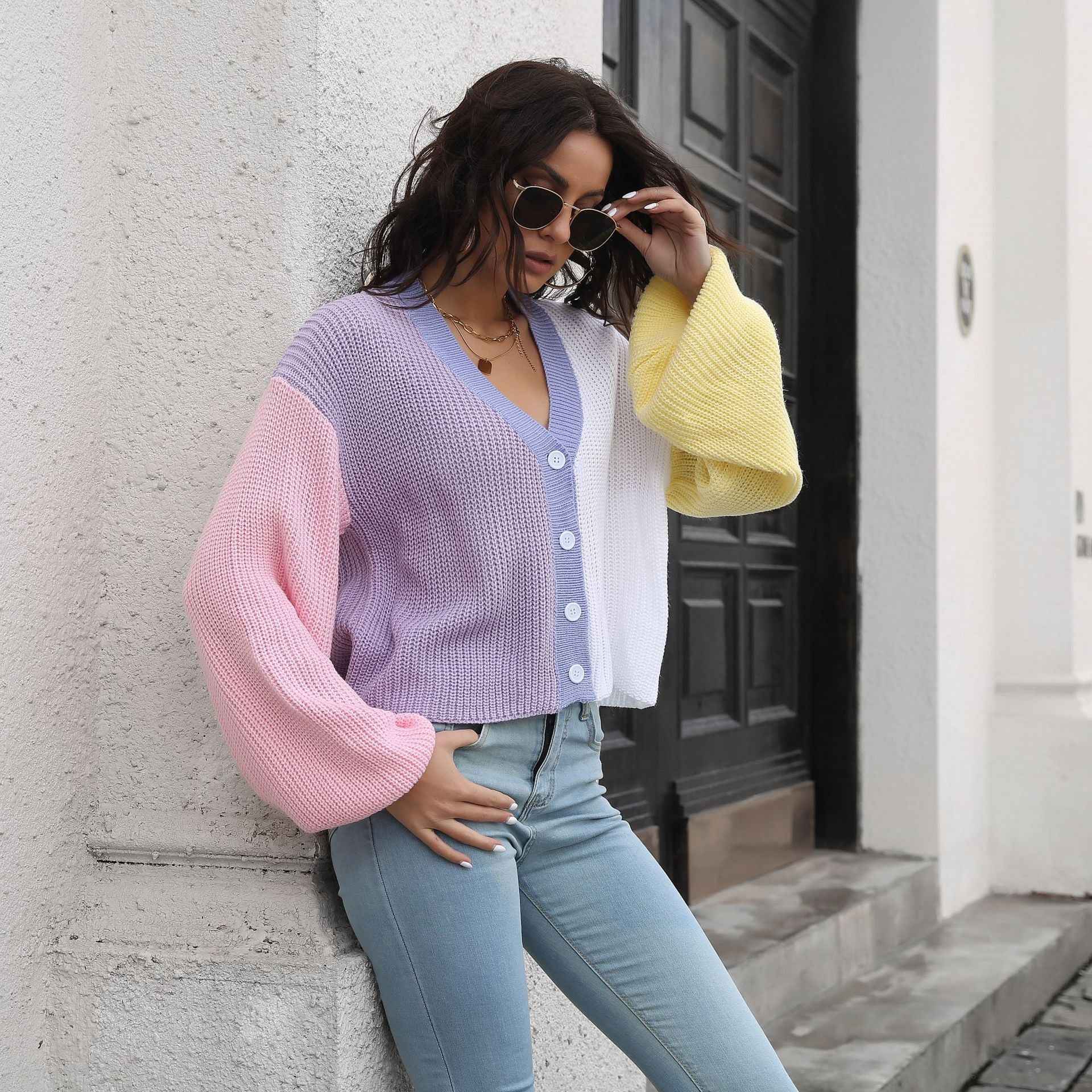 Knitted Cardigan Contrast Color Sweater