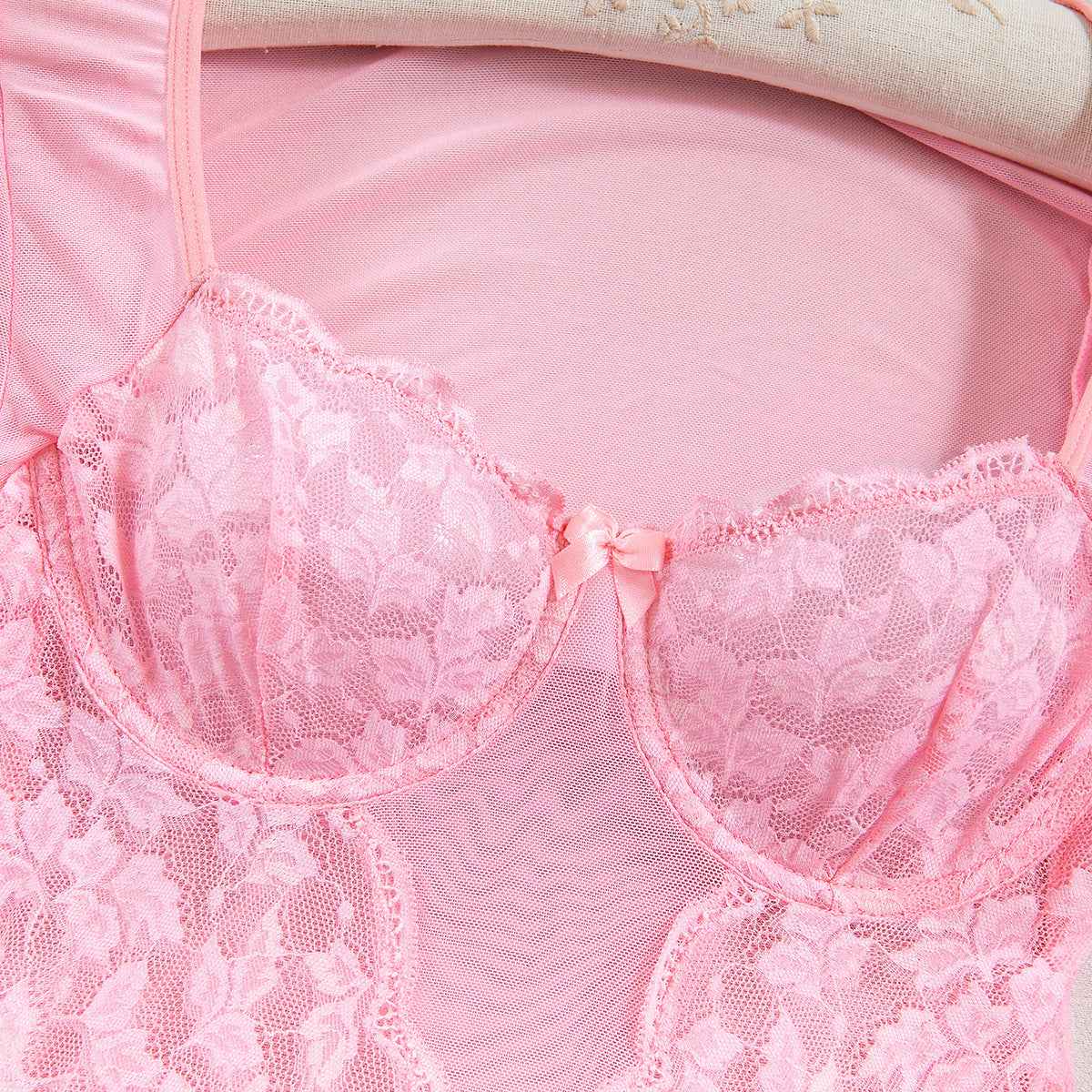 Lace Stitching Elastic Mesh Flared Bodysuit