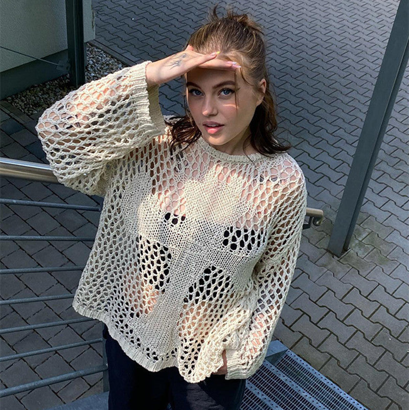 Round Neck Hollow Out Cutout Long Sleeved Criss Cross Blouse Summer See through Sexy Top Beach Sweaters
