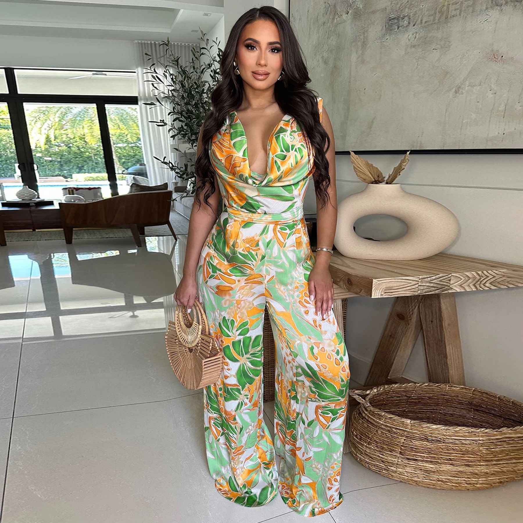 Sleeveless Lace up Wide Leg Printed Jumpsuit