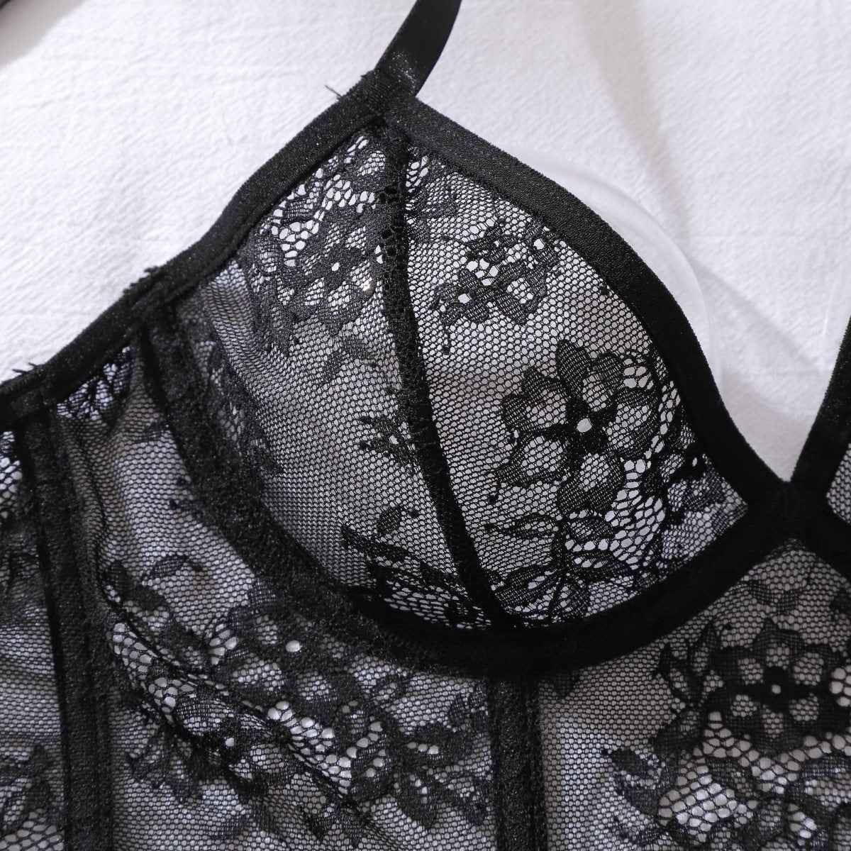 See through Floral Lace Maxi Skirt Body Shaping Split Set with Gloves Lingerie