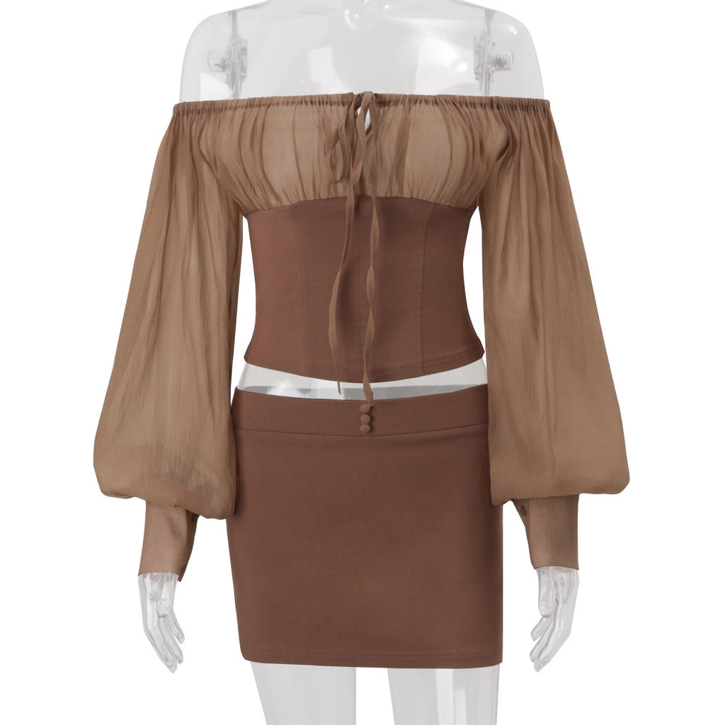 MUNSIEUR Off Shoulder Retro Mesh Skirt Set