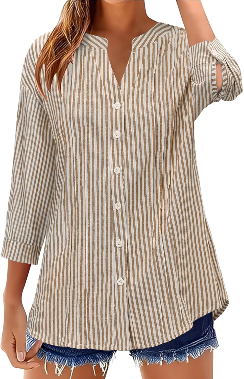 Half Open Collar Single Breasted Pleated Cropped Sleeve Blouse
