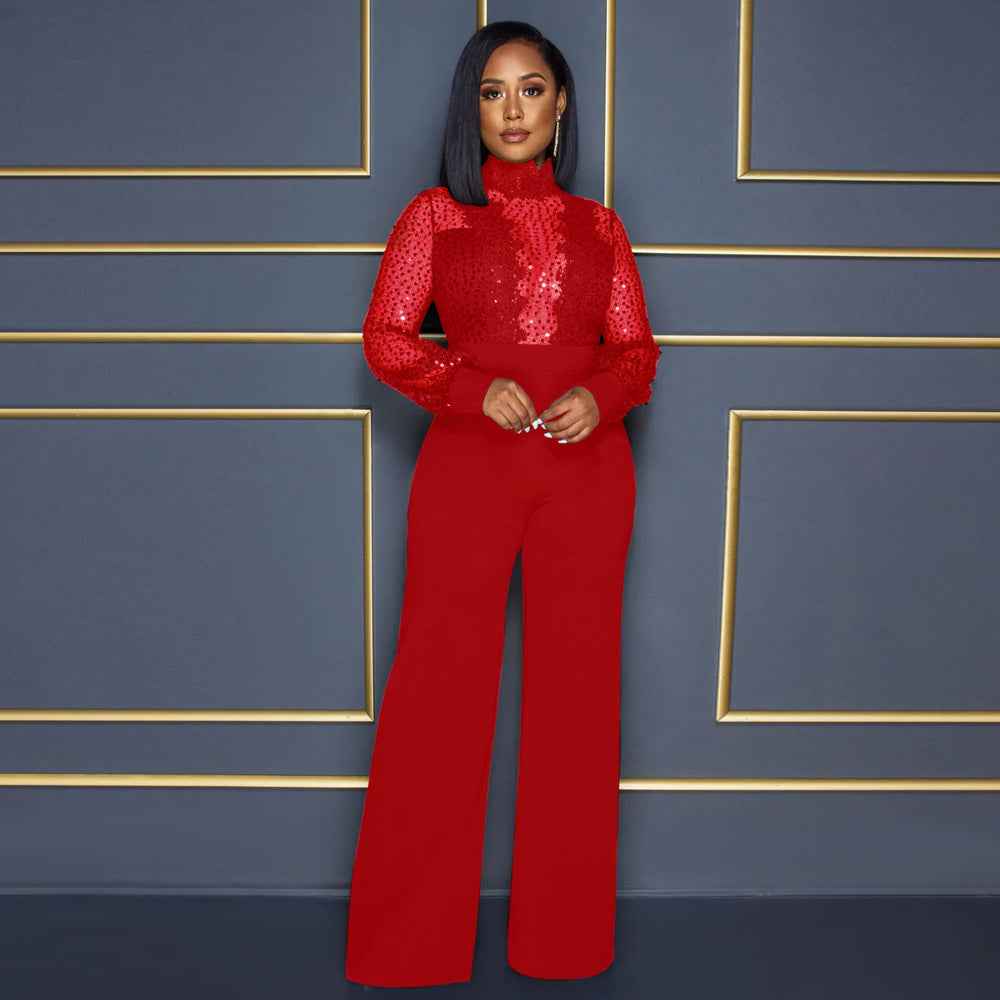 Party Turtleneck Sequin Lace Sheer Long Sleeve Top Loose Jumpsuit Women