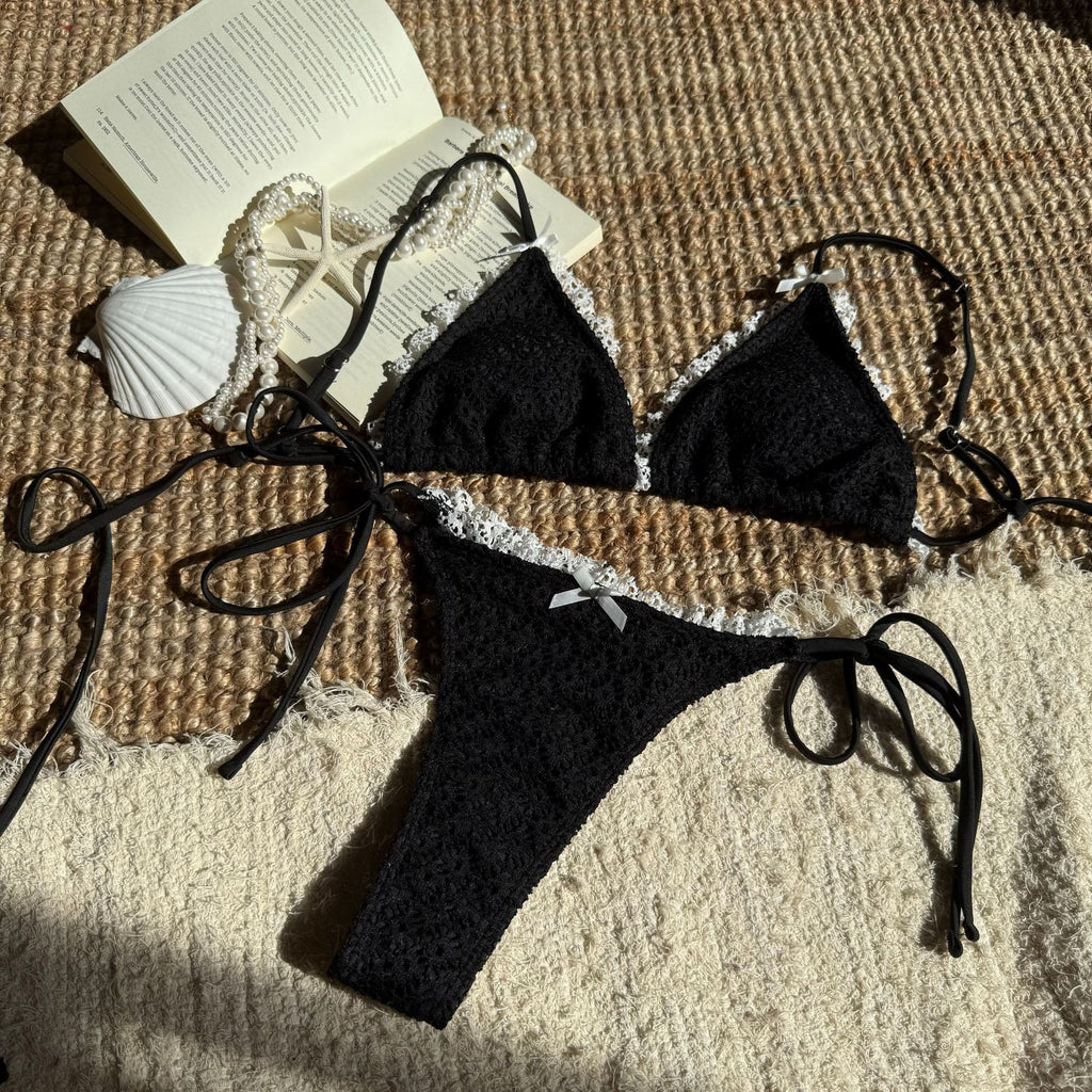 Contrast Color Bow Flounce Trim Lace up Sexy Backless Split Swimsuit Bikini