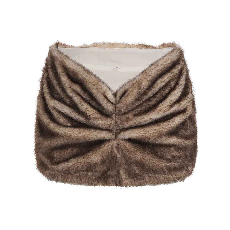 Pleated Low Waist Sexy Fur Sheath Skirt