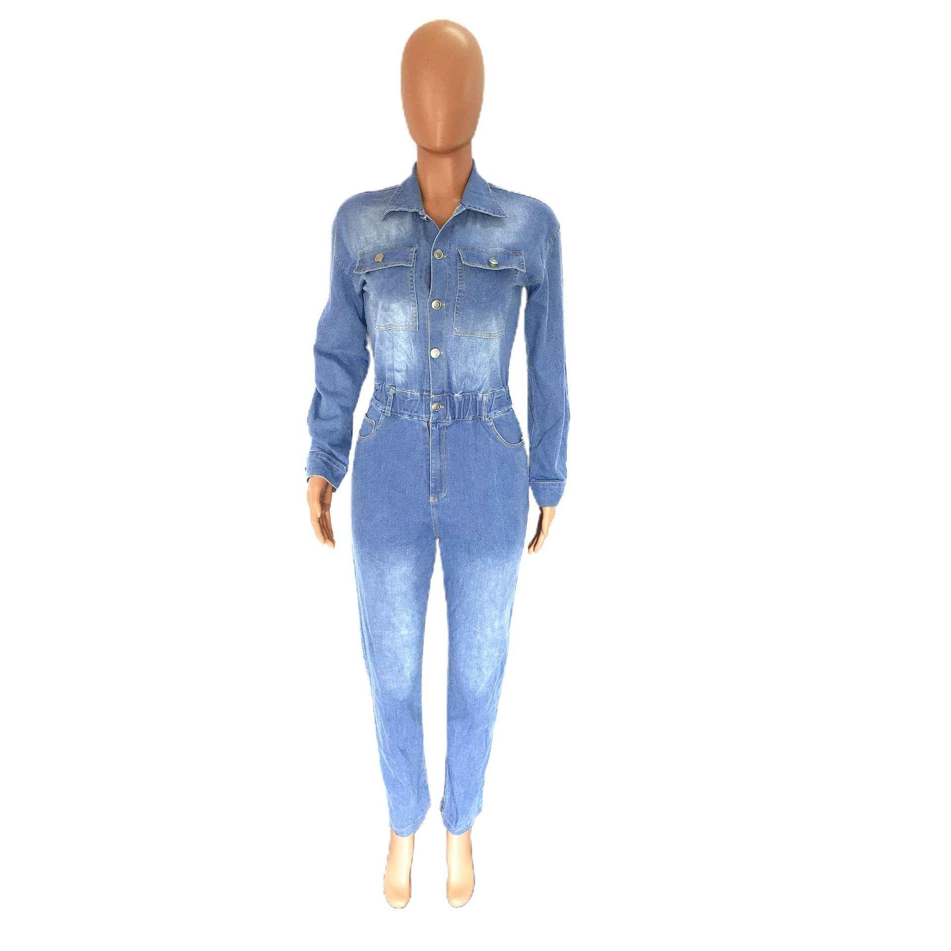 Women's Slim Elastic Band Washed Denim Jumpsuit