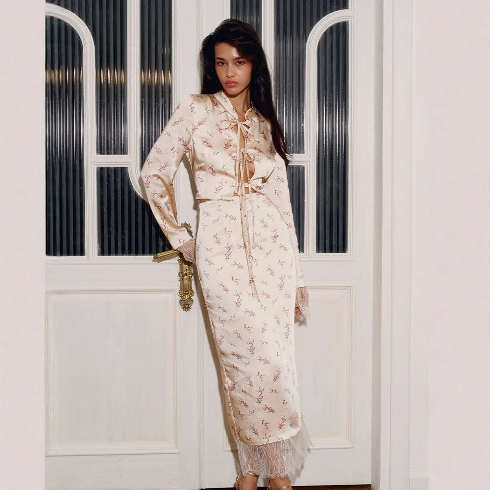 Elegant Long Sleeve Floral Mid Length Skirt Set