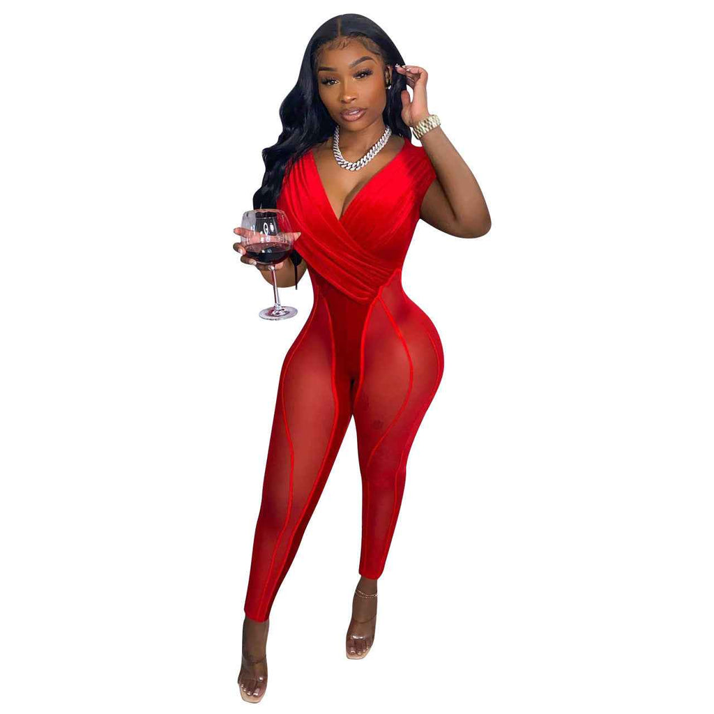 Mesh Velvet Stitching Jumpsuit