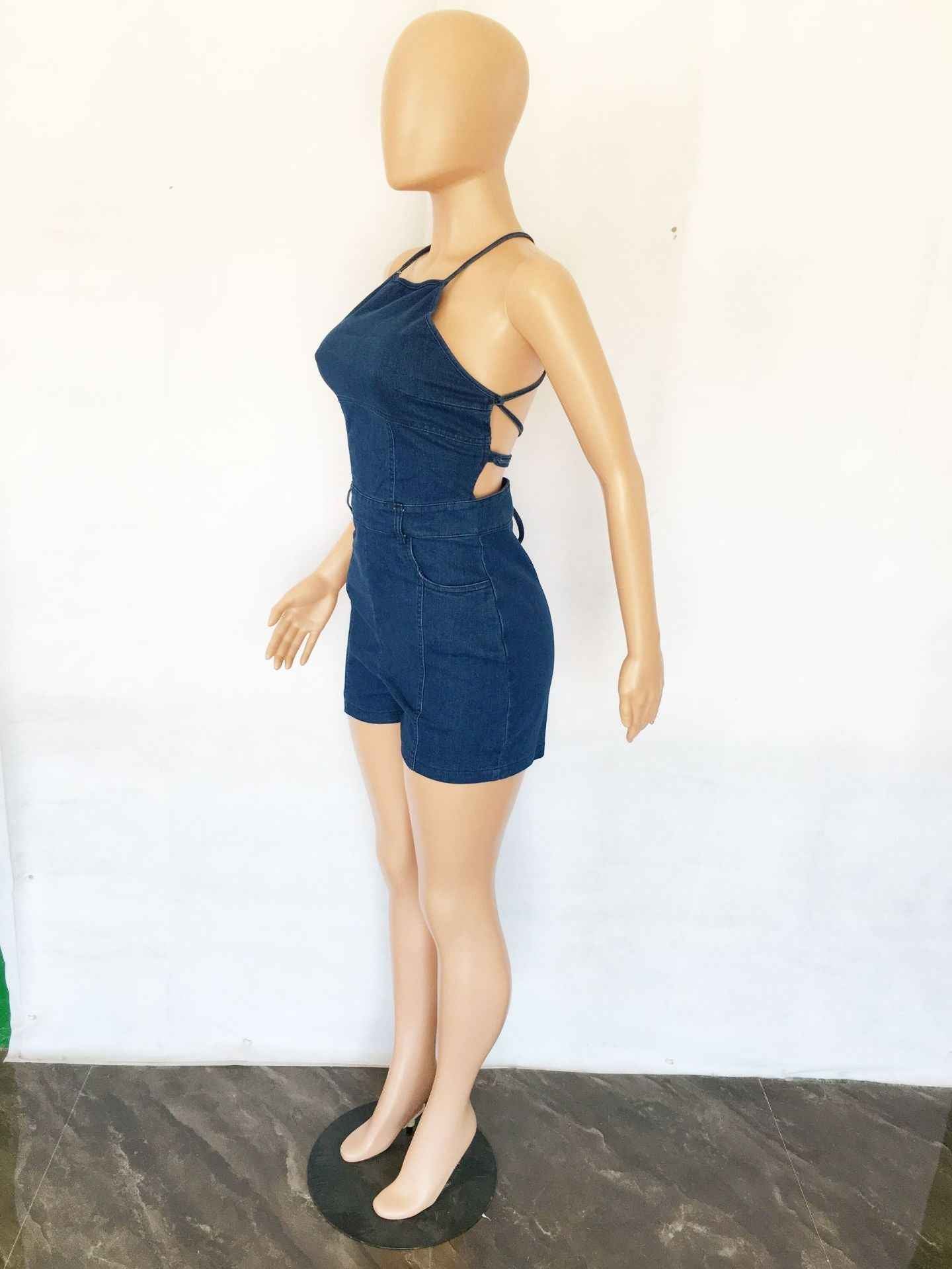 Casual Slim Fit Backless Bandage Denim Jumpsuit