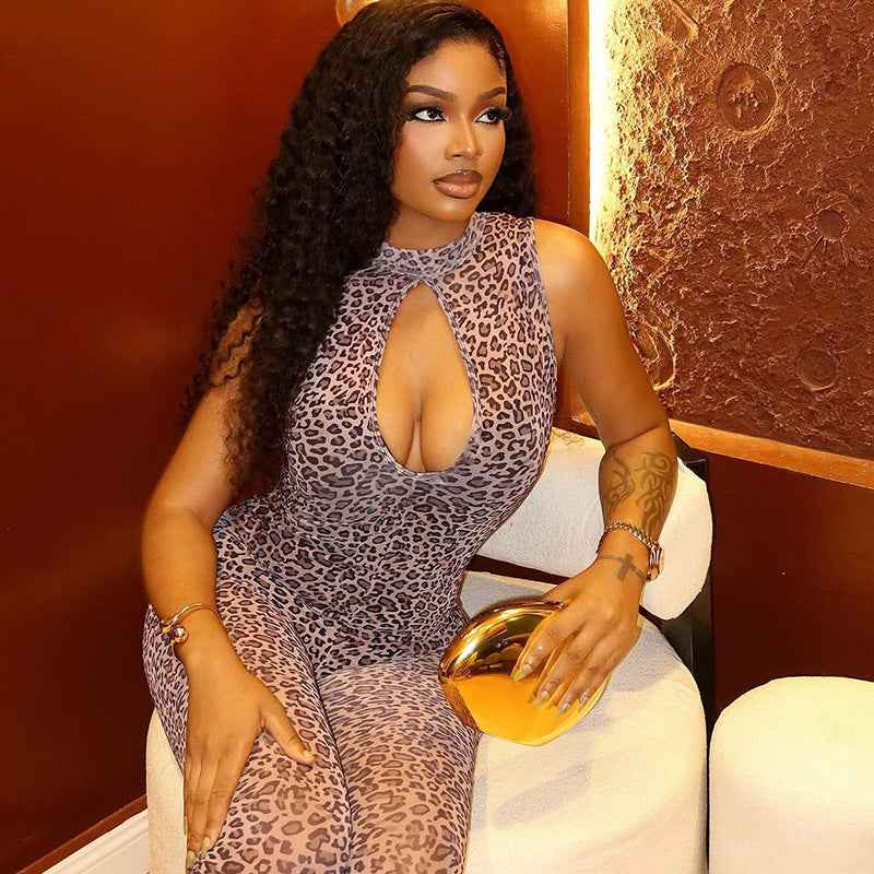 Leopard Print Jumpsuit Hollow Sheath
