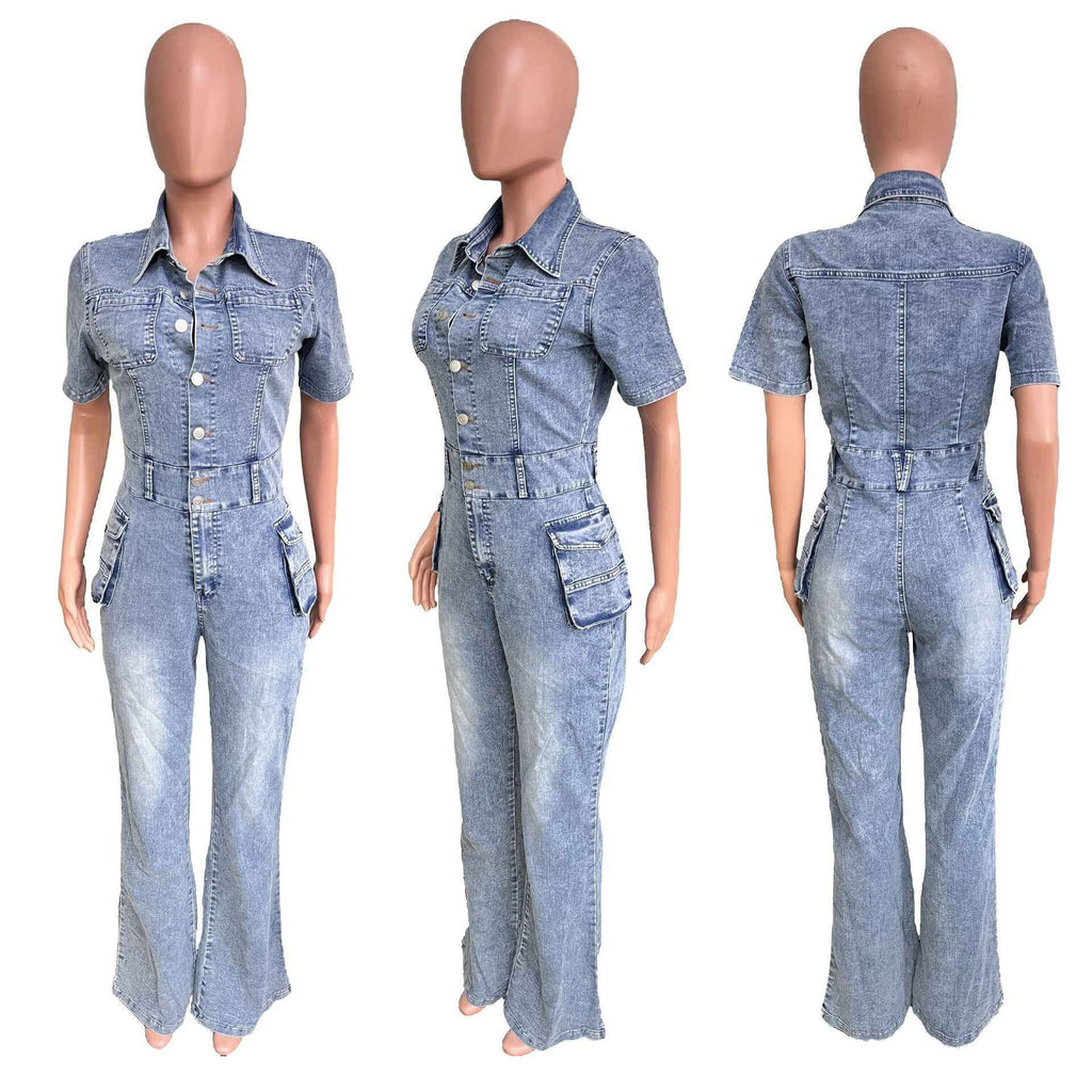 Floral Wash Denim Jumpsuit