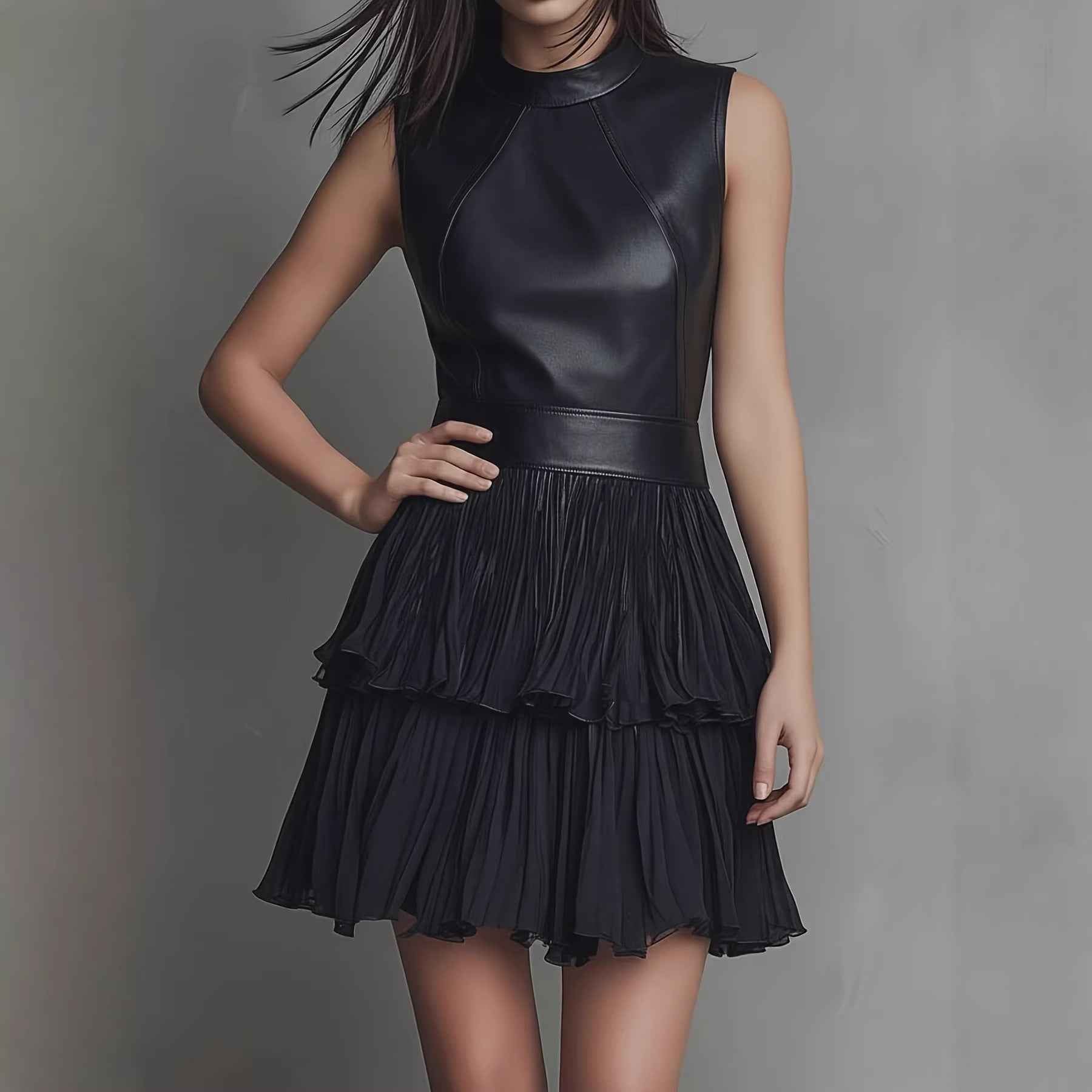 Elegant Double Layer Pleated Ruffled Dress