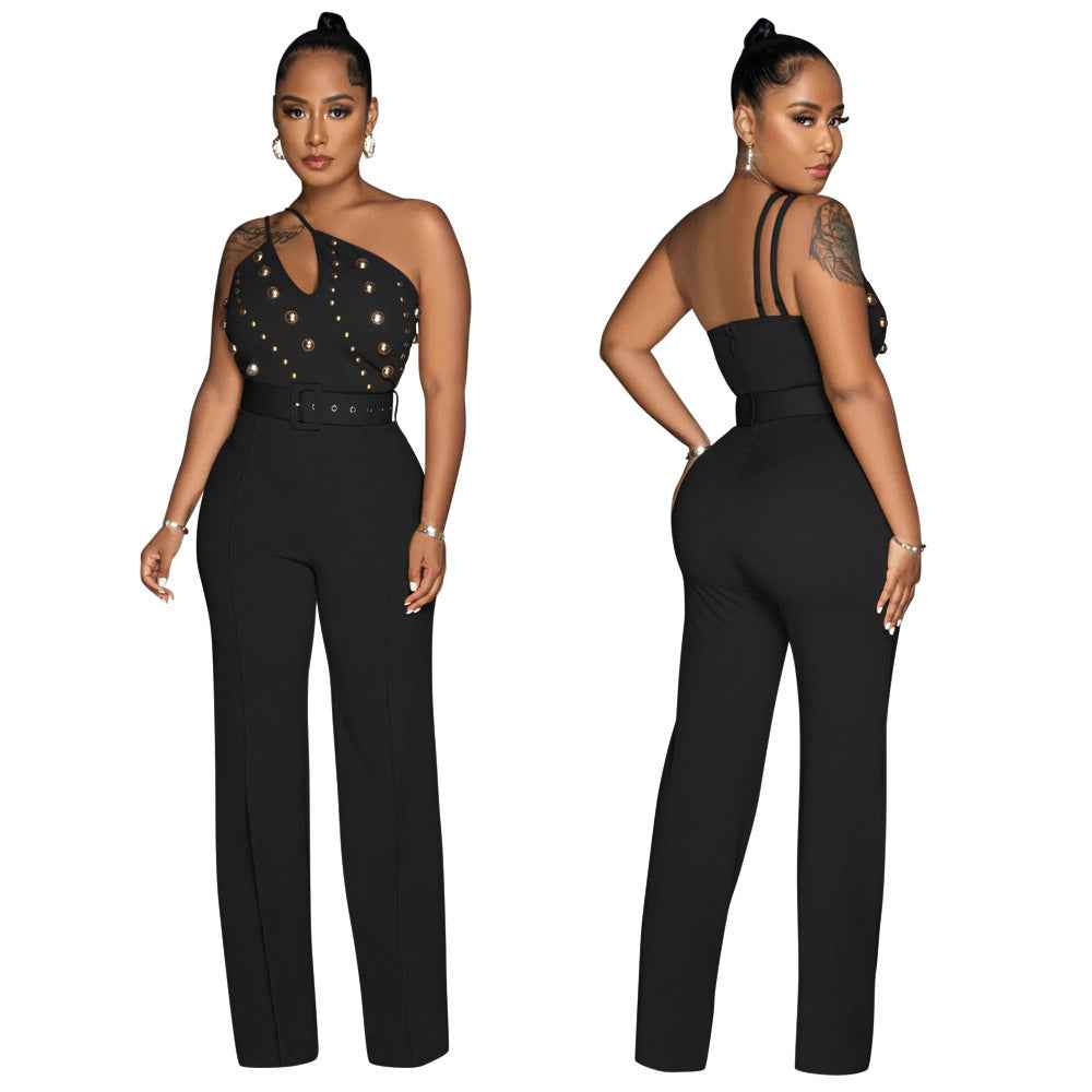 Elegant Solid Color Jumpsuit Slim Fit One Shoulder