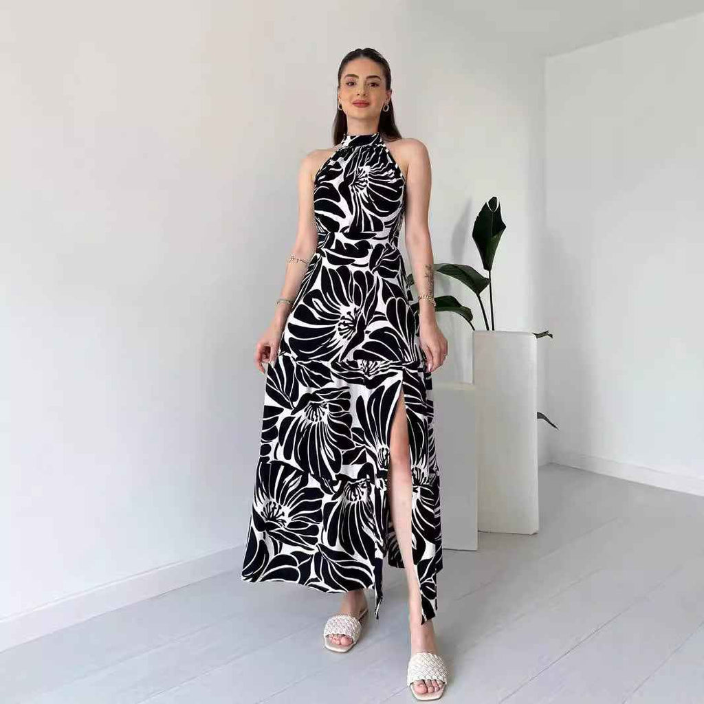 Sleeveless Elegant Maxi Dress Printed High Slit