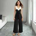 Elegant Black White Color Contrast Patchwork Sling Jumpsuit