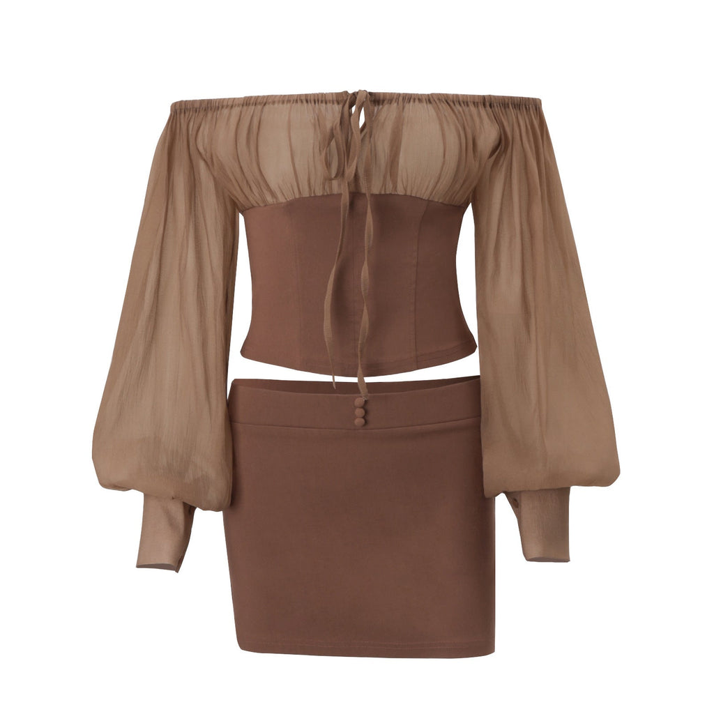 MUNSIEUR Off Shoulder Retro Mesh Skirt Set