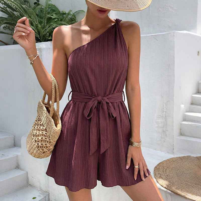 Solid Color One Shoulder Lace up Romper