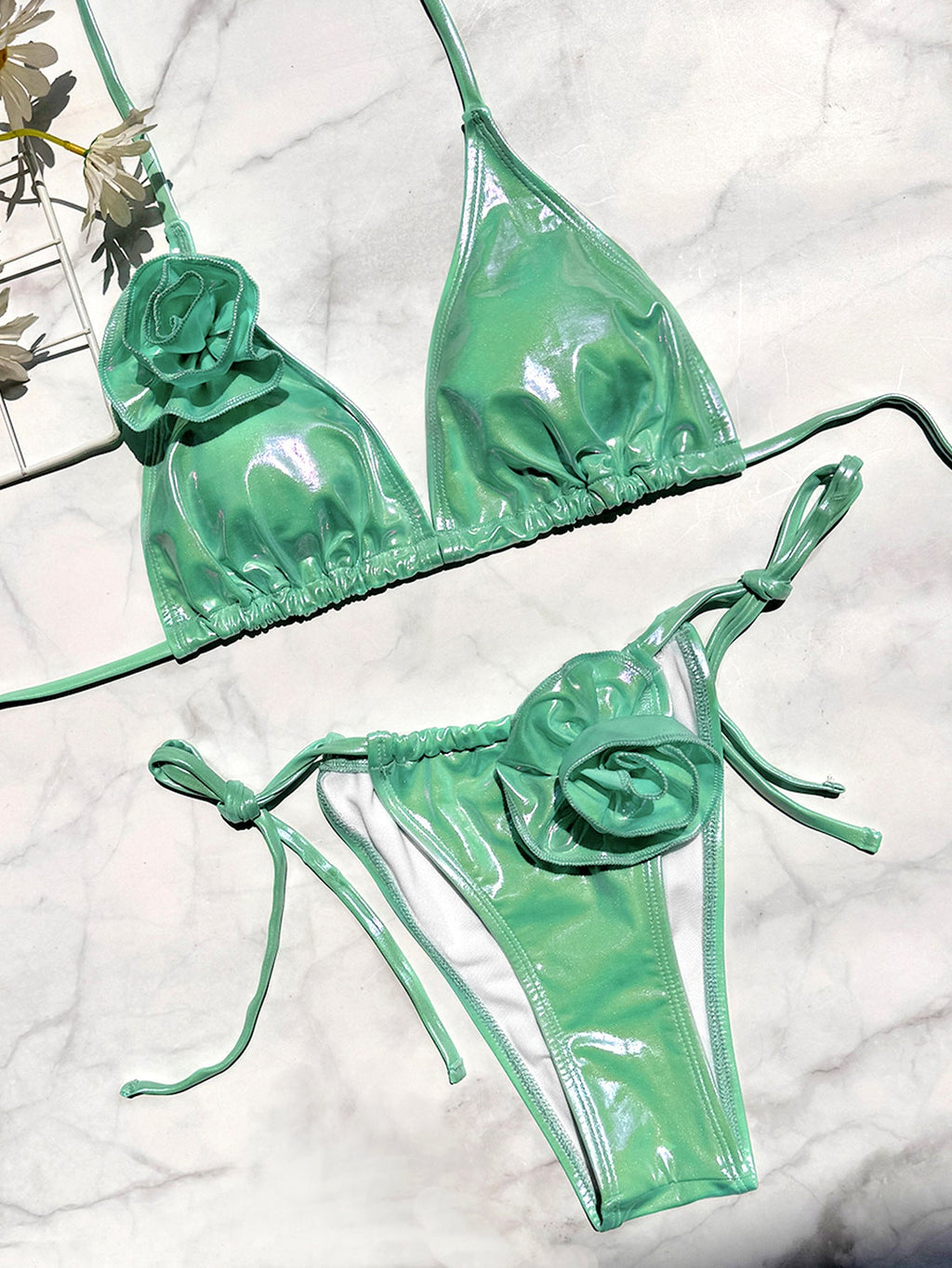 Bronzed Fabric Split Bikini Three Dimensional Floral Sexy Hanging Triangle Bag Swimsuit