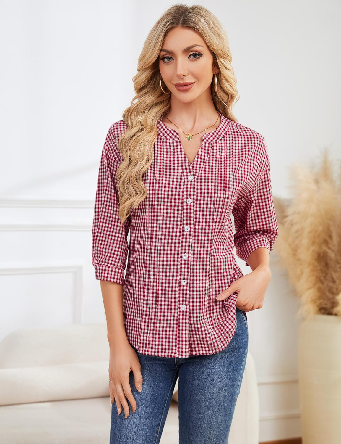 Half Open Collar Single Breasted Pleated Cropped Sleeve Blouse