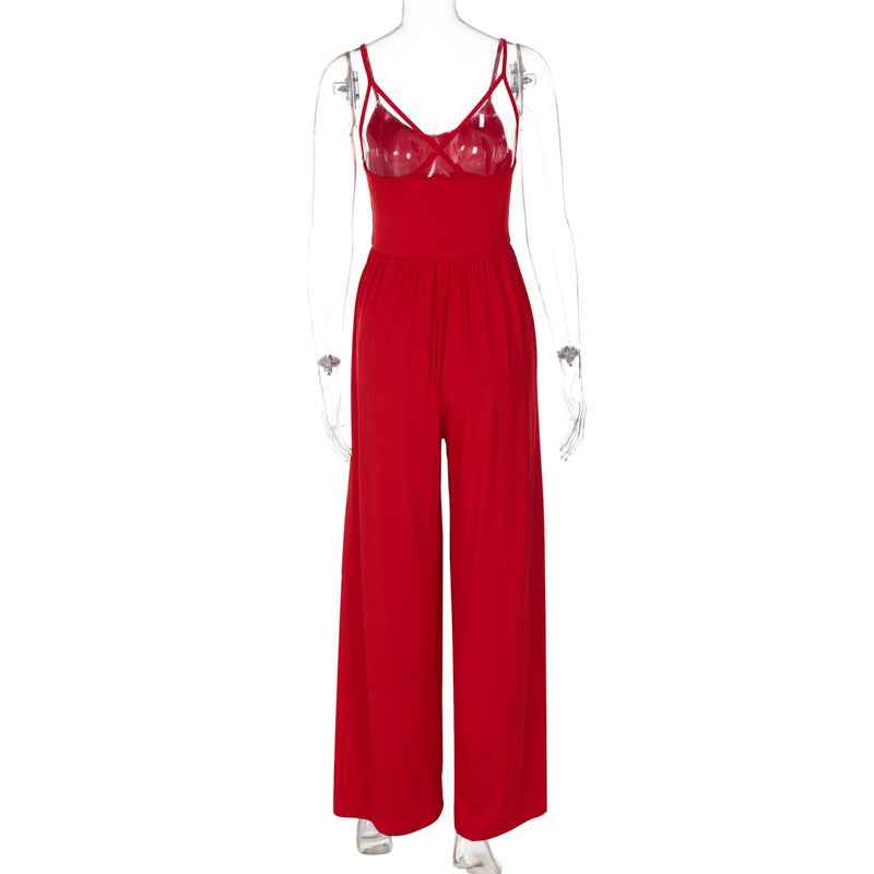 Women Summer Sexy Backless Spaghetti Straps Loose Jumpsuit