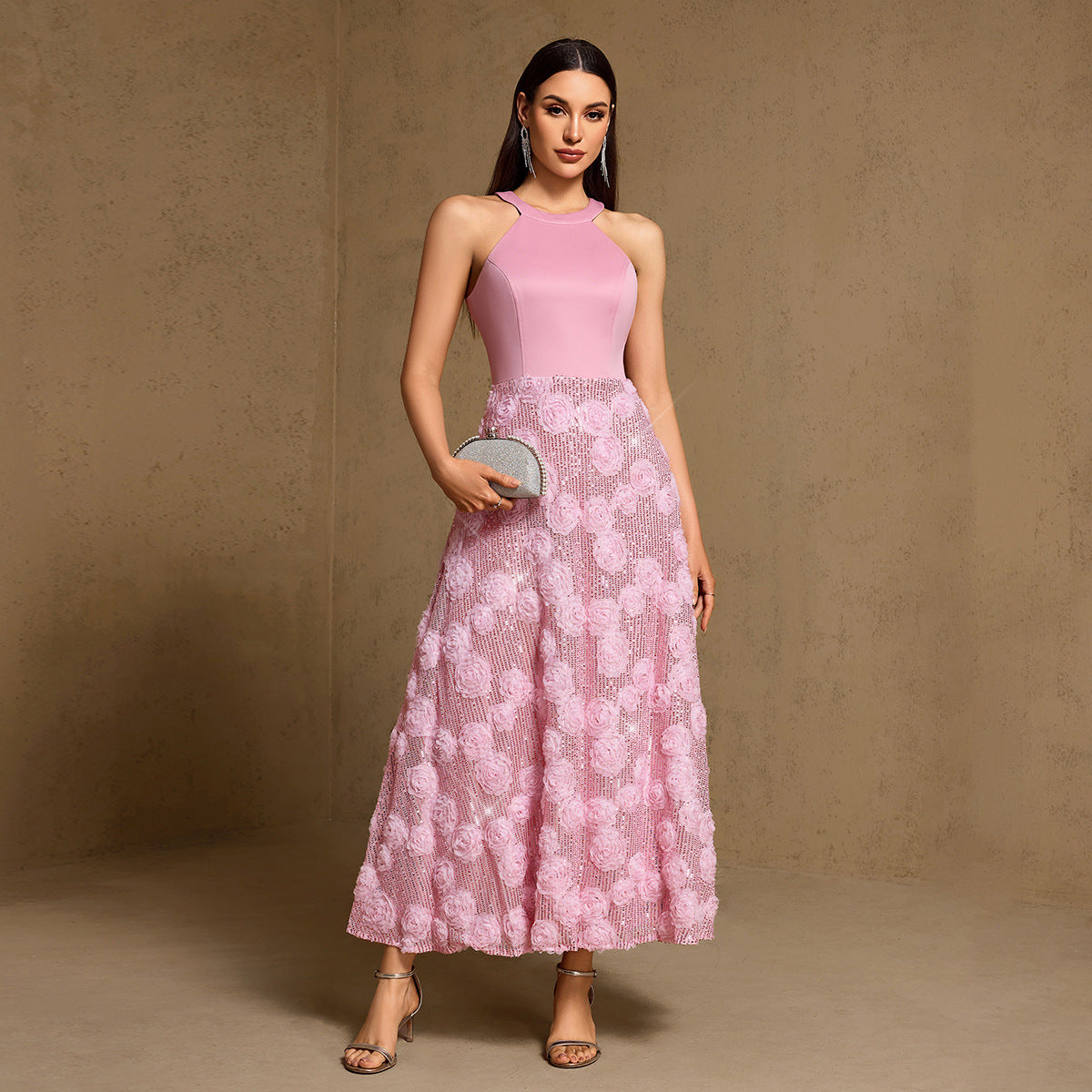 Spring Summer Print Heavy Industry Stitching Large Hem Fully Lined Evening Dress