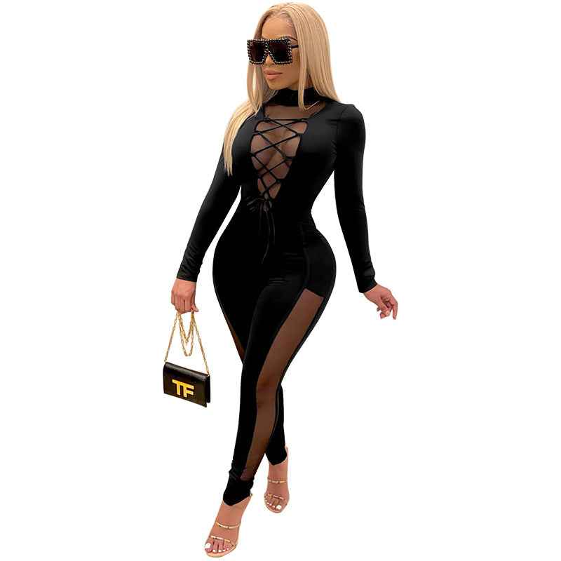 Sexy Lace Up Stitching See Through Long Sleeve Jumpsuit