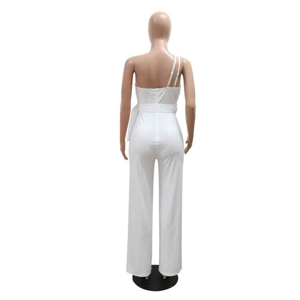 Elegant Solid Color Jumpsuit Slim Fit One Shoulder