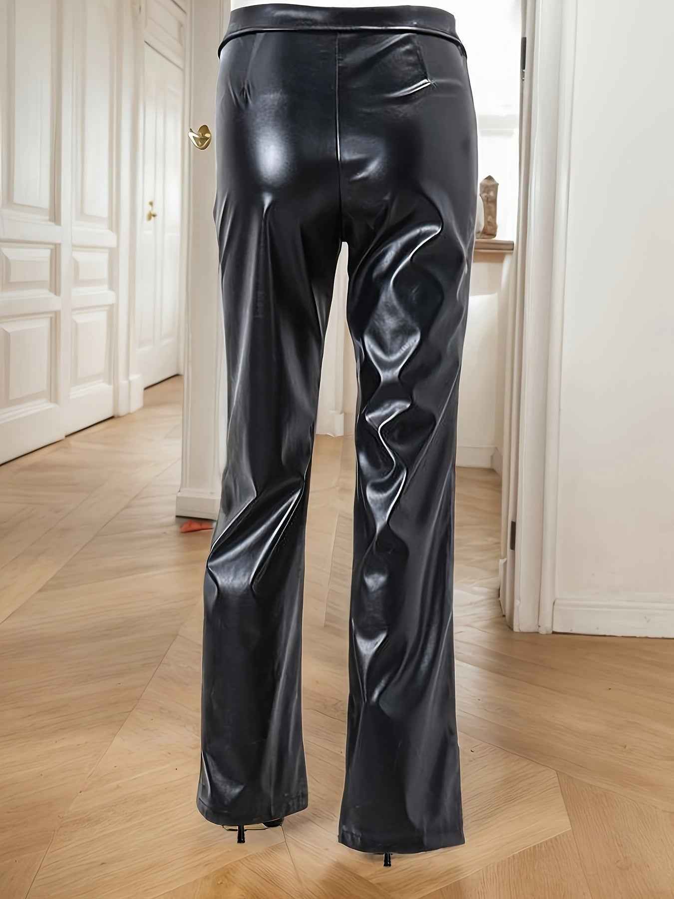 Faux Leather Nightclub Metal Zipper Straight Leather Jeans