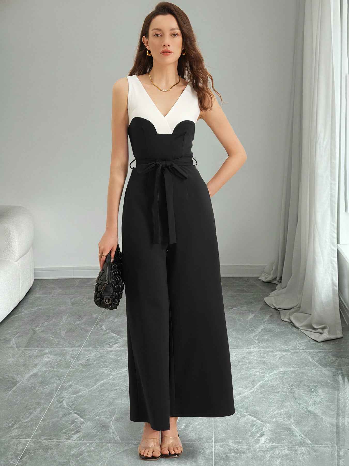 Elegant Black White Color Contrast Patchwork Sling Jumpsuit