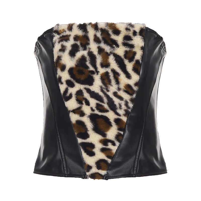 Leopard Fur Stitching Leather Hip Skirt Two Piece Set