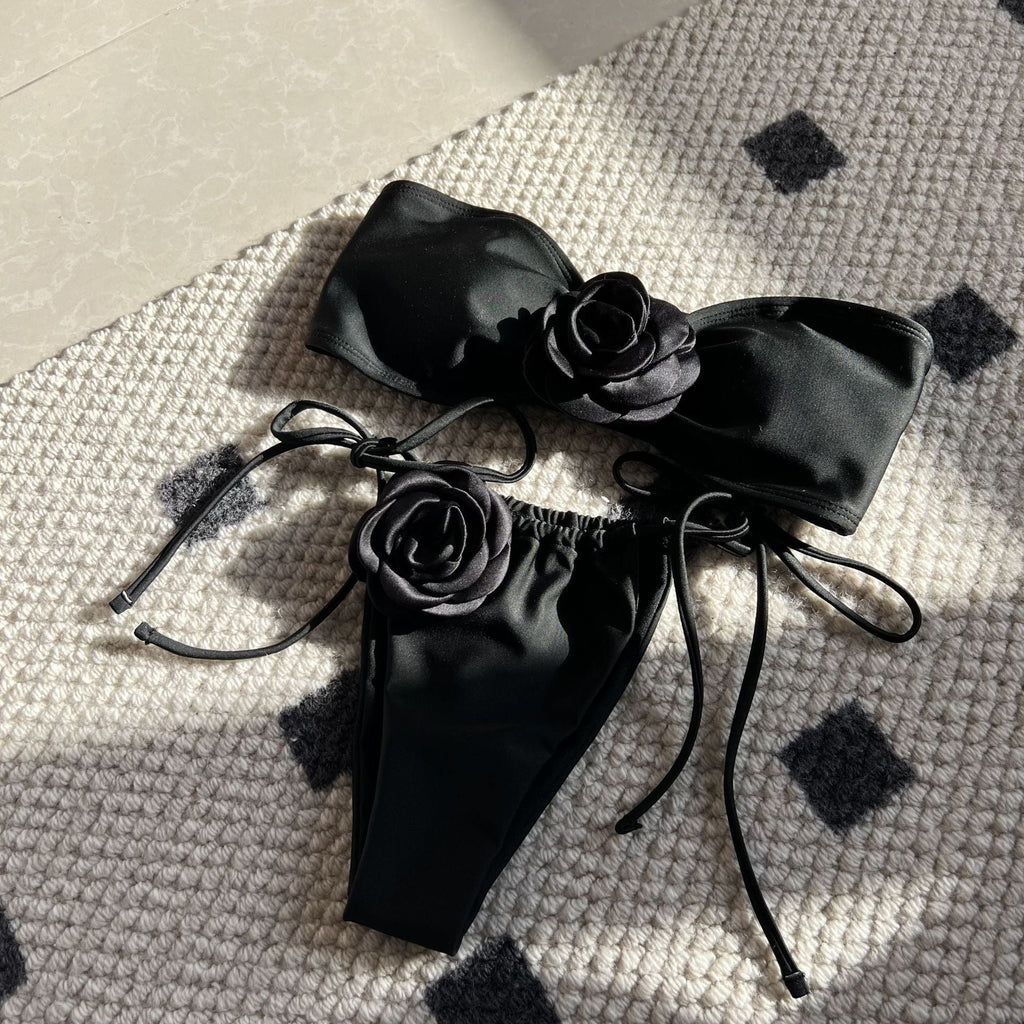 Solid Color Rose Tube Top Drawstring Strap Split Swimsuit Bikini