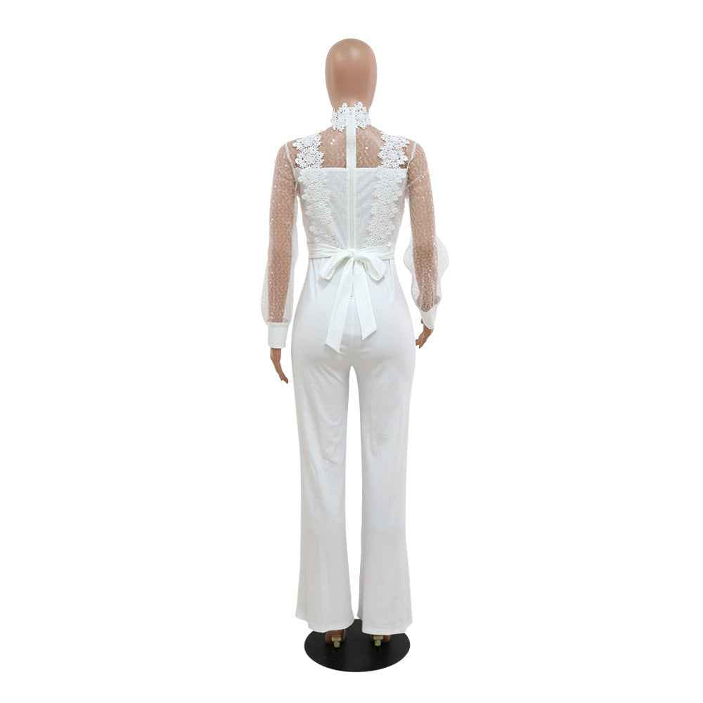 Party Turtleneck Sequin Lace Sheer Long Sleeve Top Loose Jumpsuit Women