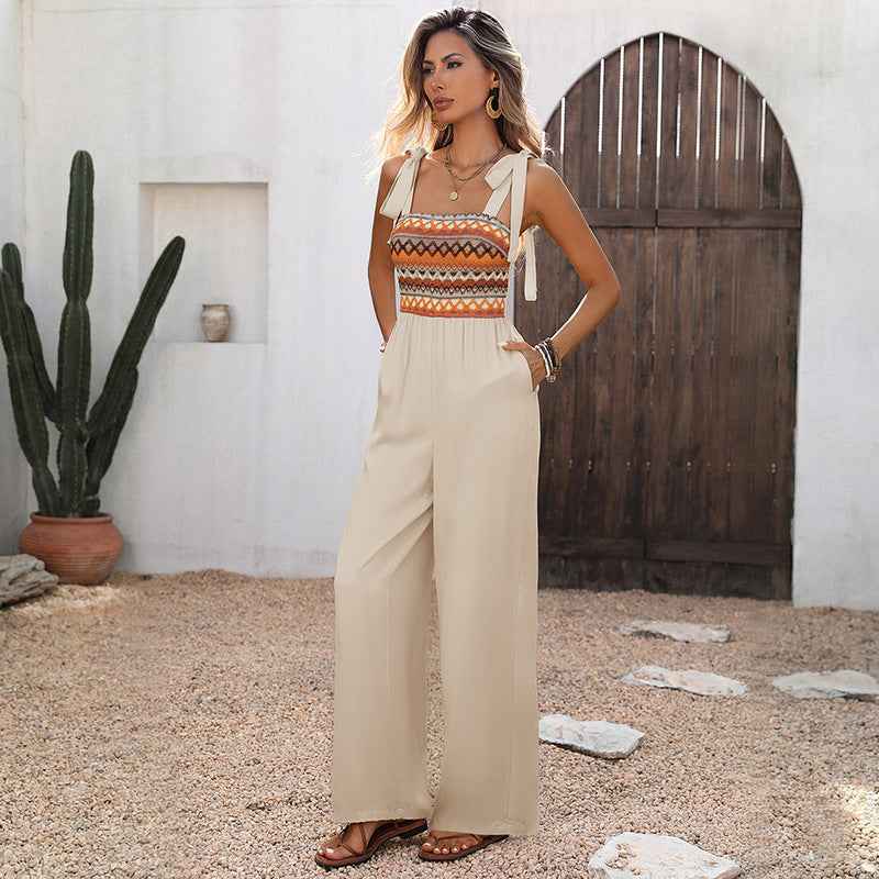 Sling Colored Embroidery Stitching Jumpsuit