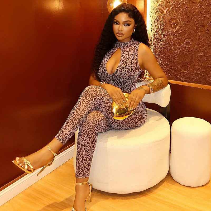 Leopard Print Jumpsuit Hollow Sheath