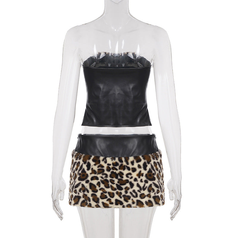 Leopard Fur Stitching Leather Hip Skirt Two Piece Set