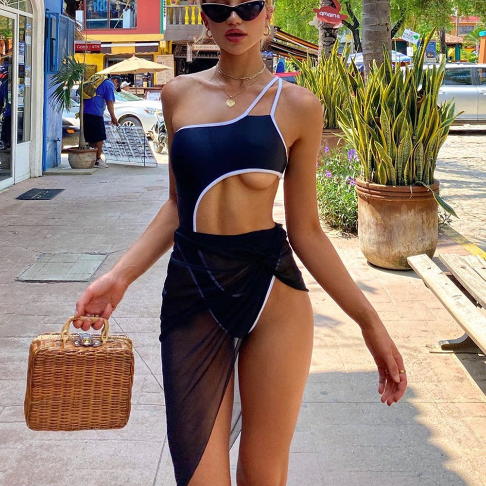 Swimsuit One-Piece Bikini Women Solid Color Swimsuit Mesh Two Piece Set Swimsuit