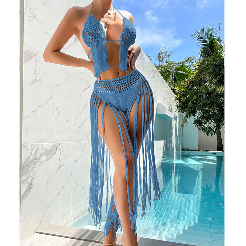 Beach Tourism Hand Crocheting Three Dimensional Floral Tassel Beach Sexy Open Back Swimsuit Bikini Set Crochet hook