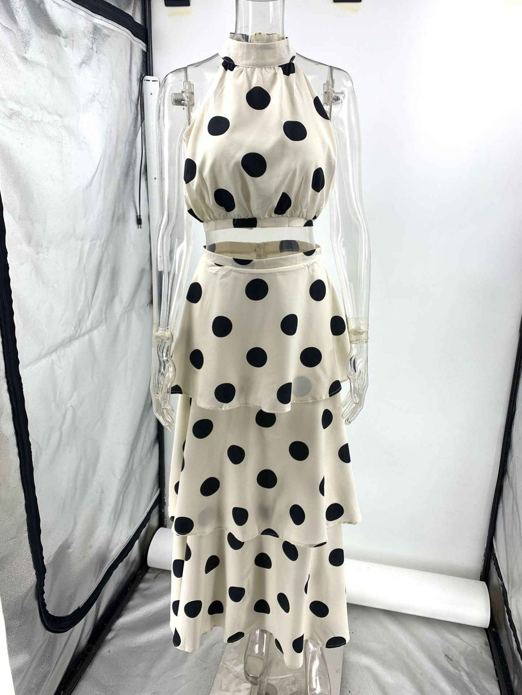 Polka Dot Halter Sleeveless and Skirt Two Piece Set