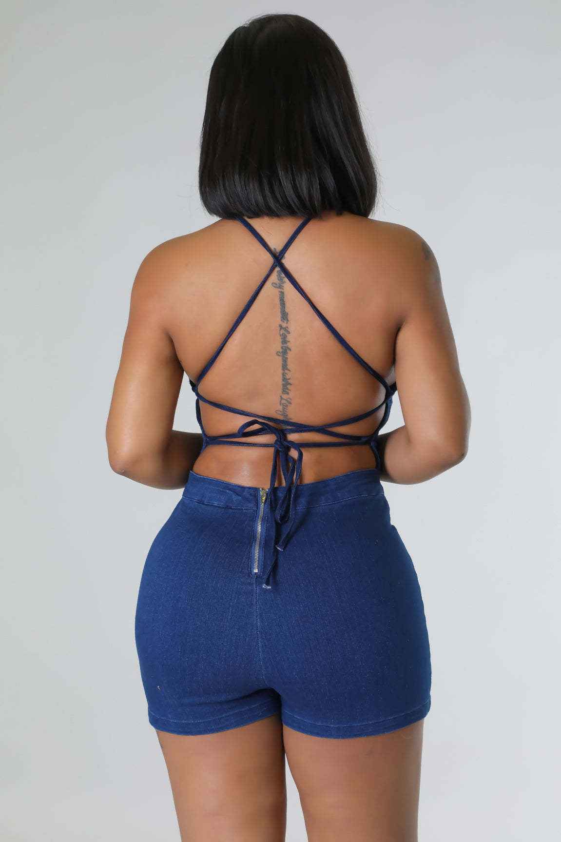 Casual Slim Fit Backless Bandage Denim Jumpsuit