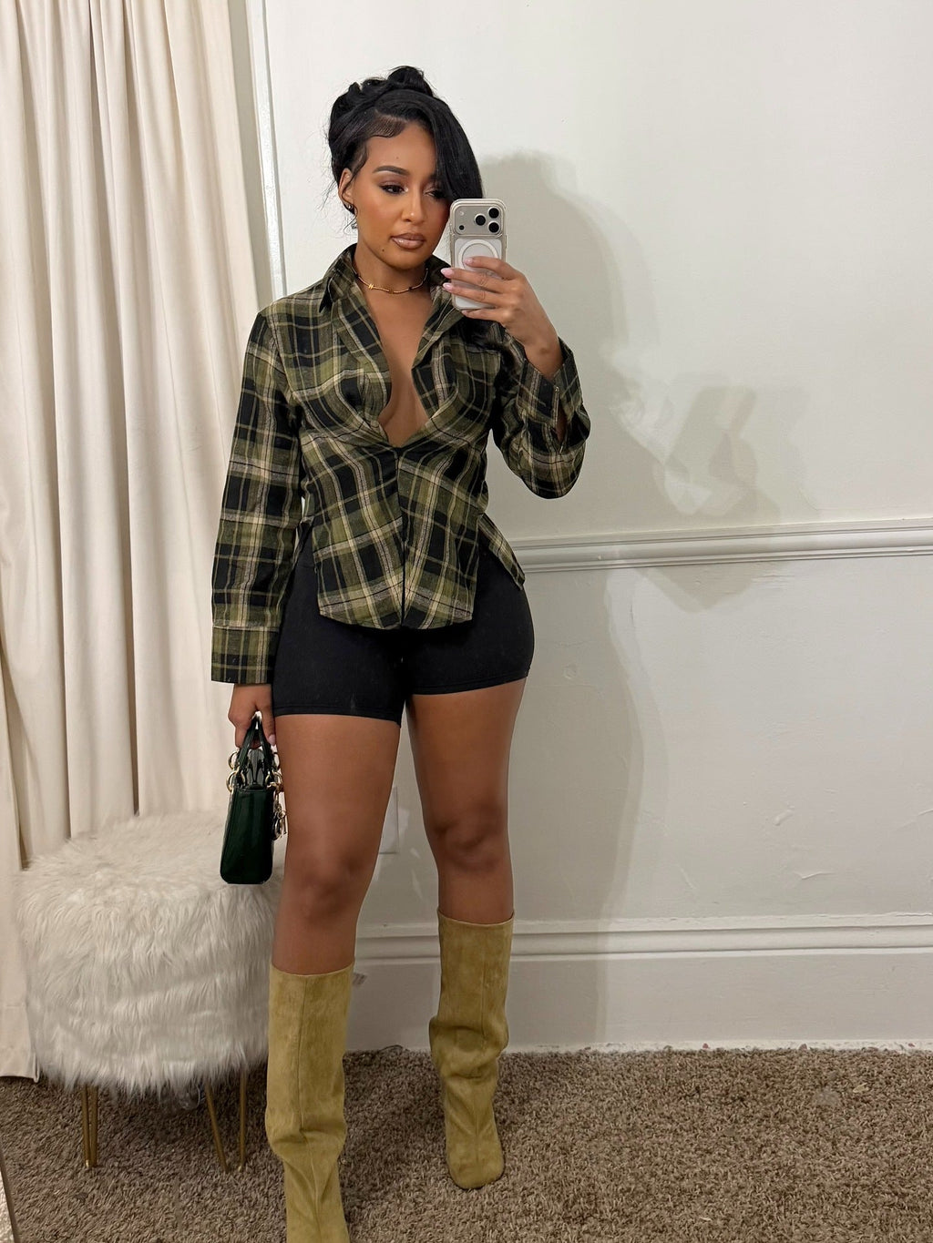 Plaid Long Sleeved Collared Blouse