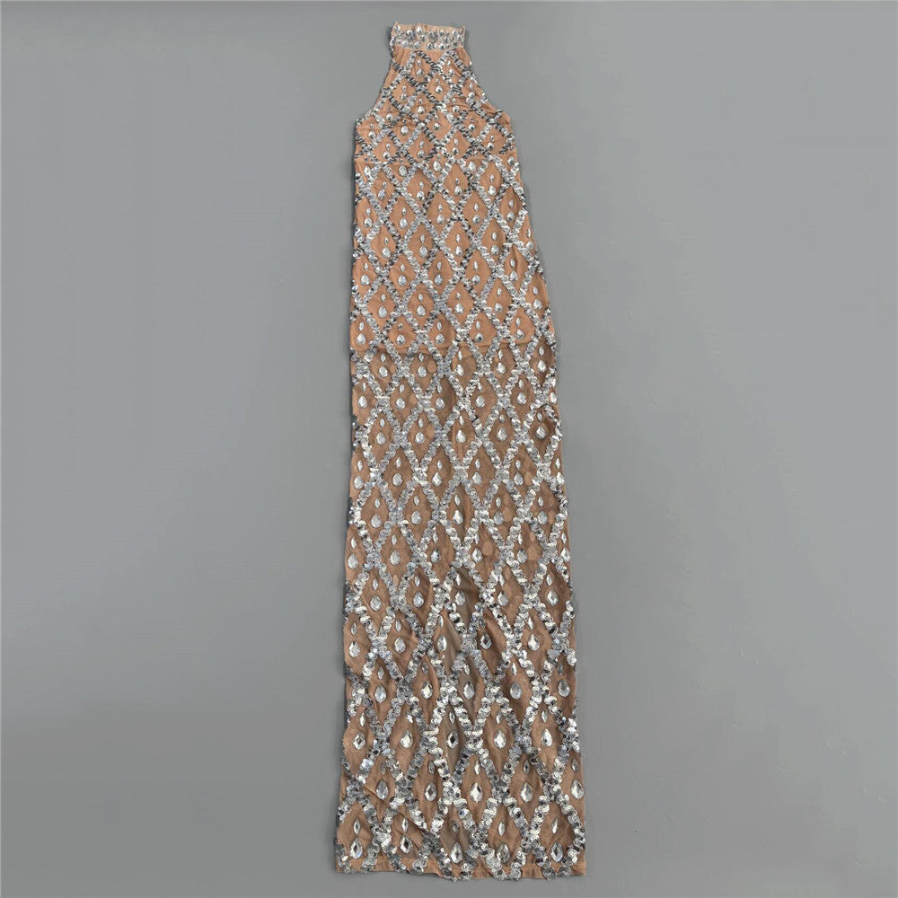 Rhinestone Halter Sleeveless Floor Dress